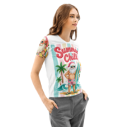 The Summer Chill Tee is the ultimate holiday vibe with a surfboard-holding Santa on a retro beach