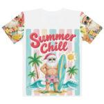 The Summer Chill Tee is the ultimate holiday vibe with a surfboard-holding Santa on a retro beach