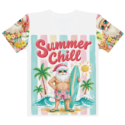 The Summer Chill Tee is the ultimate holiday vibe with a surfboard-holding Santa on a retro beach