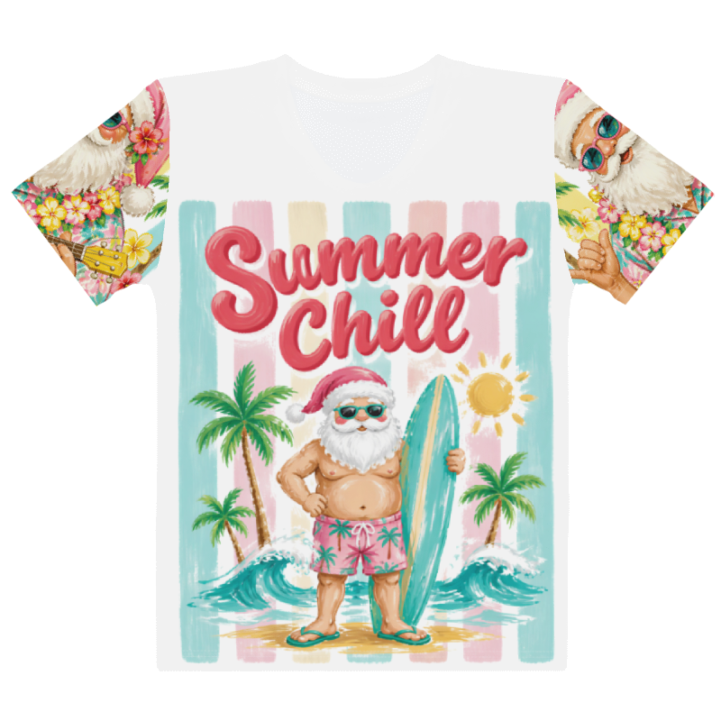 The Summer Chill Tee is the ultimate holiday vibe with a surfboard-holding Santa on a retro beach